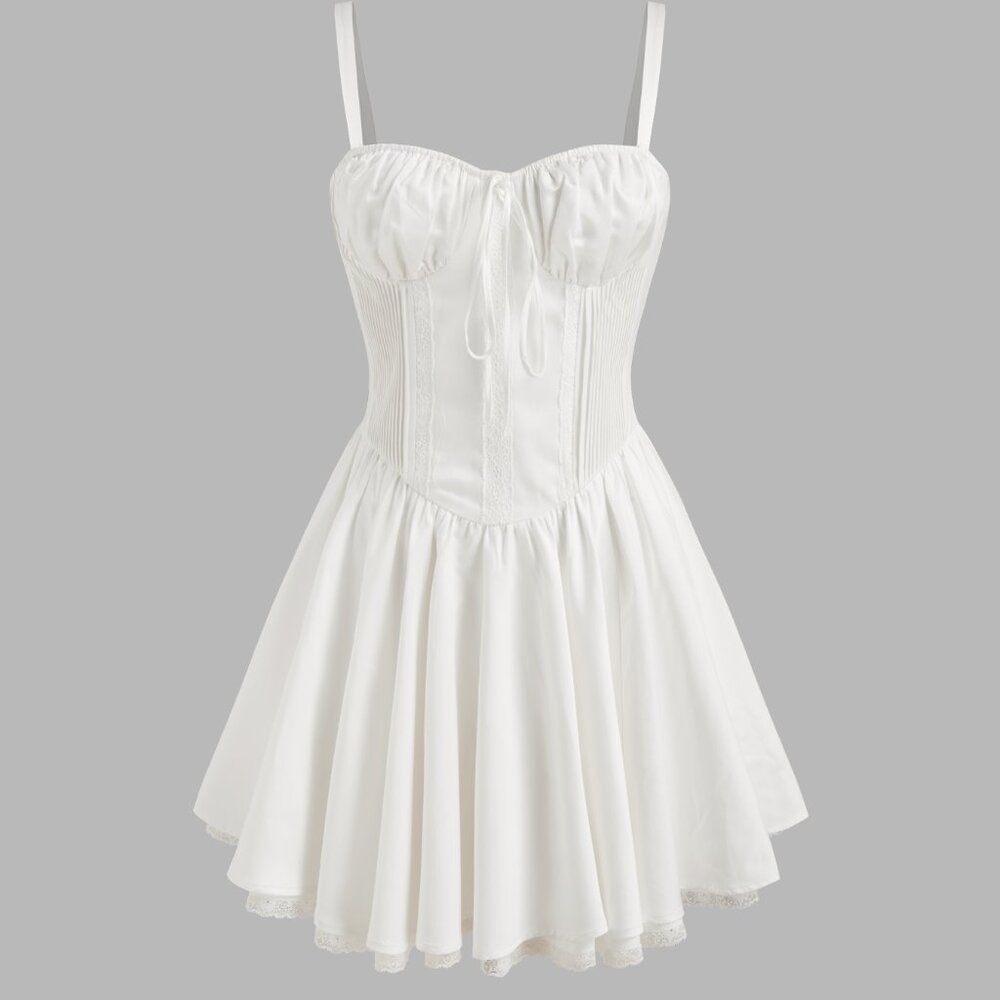 NWT CIDER Solid Sweetheart Corset Lace Up Ruffle Mini Milkmaid Dress -White, S